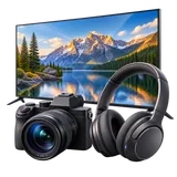 Imagem da categoria TV, Áudio, Foto e Vídeo: Televisores, caixas de som, fones, câmeras e equipamentos audiovisuais.