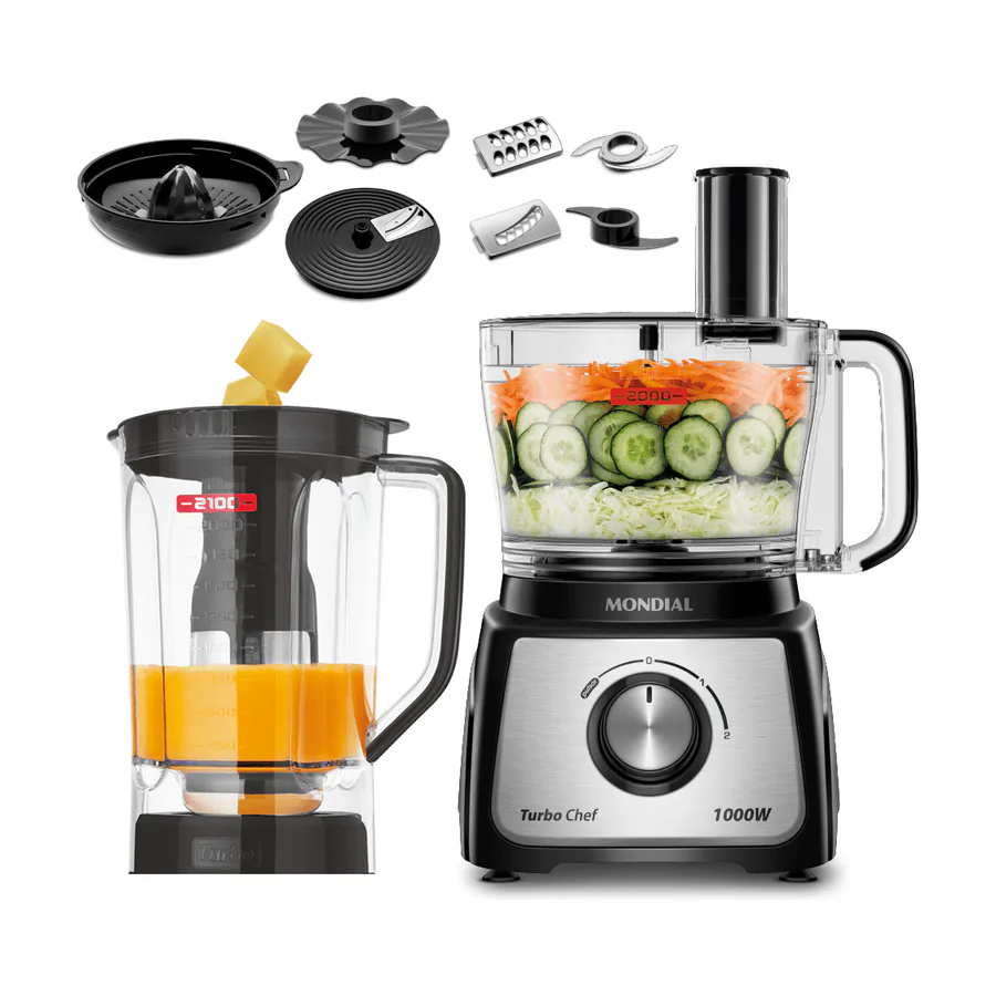 Multiprocessador Mondial Turbo Chef com liquidificador e acessórios em fundo branco