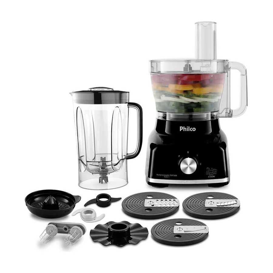 Multiprocessador Philco PMP1600P com liquidificador e acessórios em fundo branco