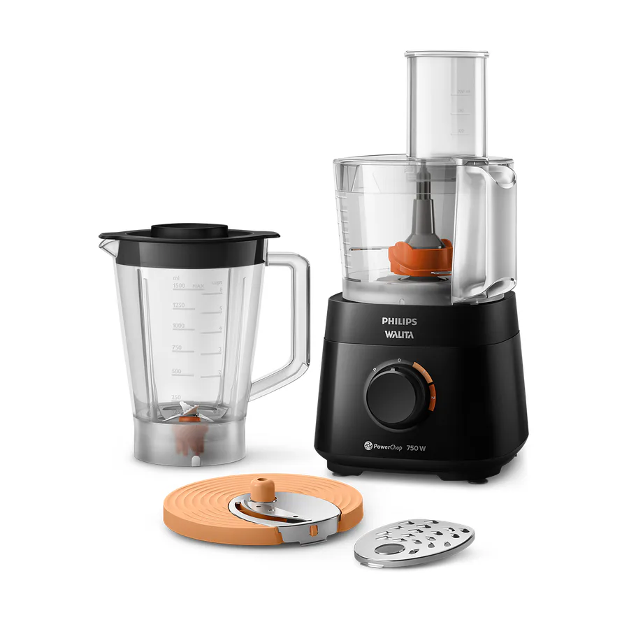Multiprocessador Philips Walita PowerChop 750 com jarra e discos em fundo branco