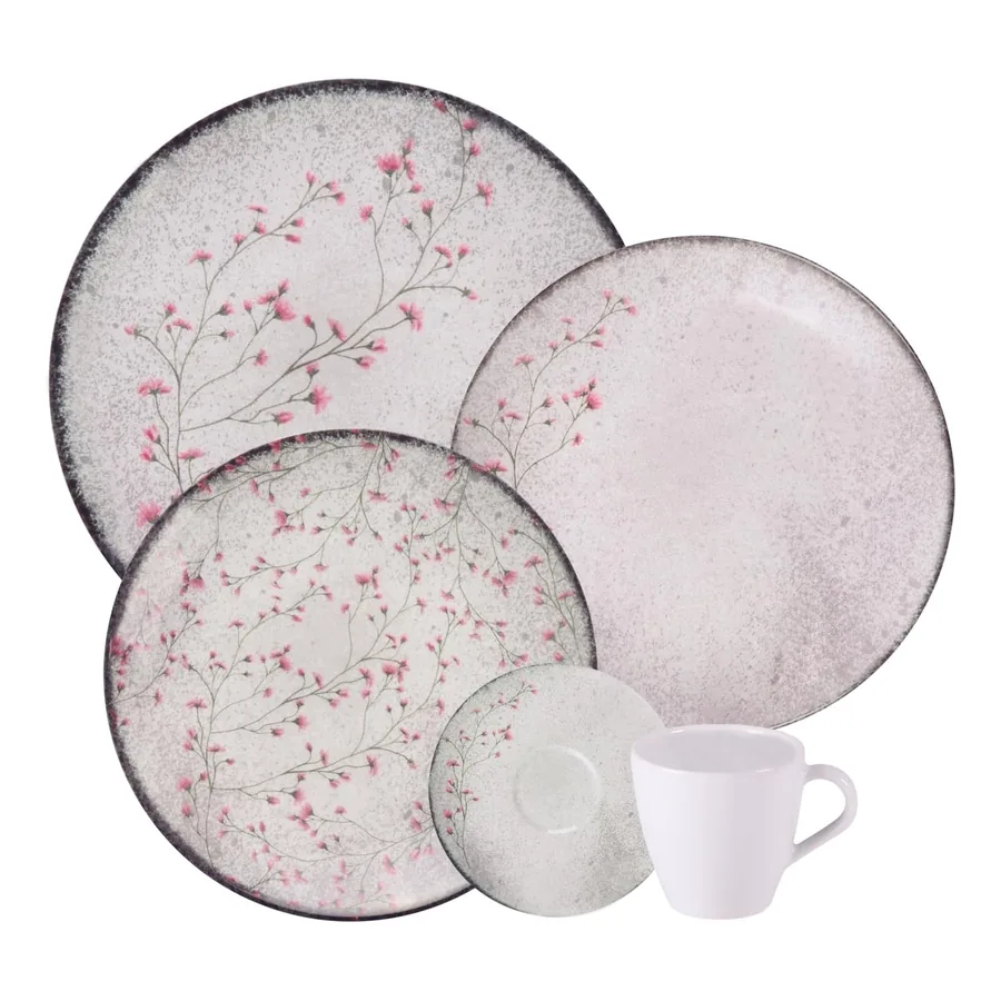 Aparelho de Jantar Tramontina Floralis em porcelana decorada em tons de cinza