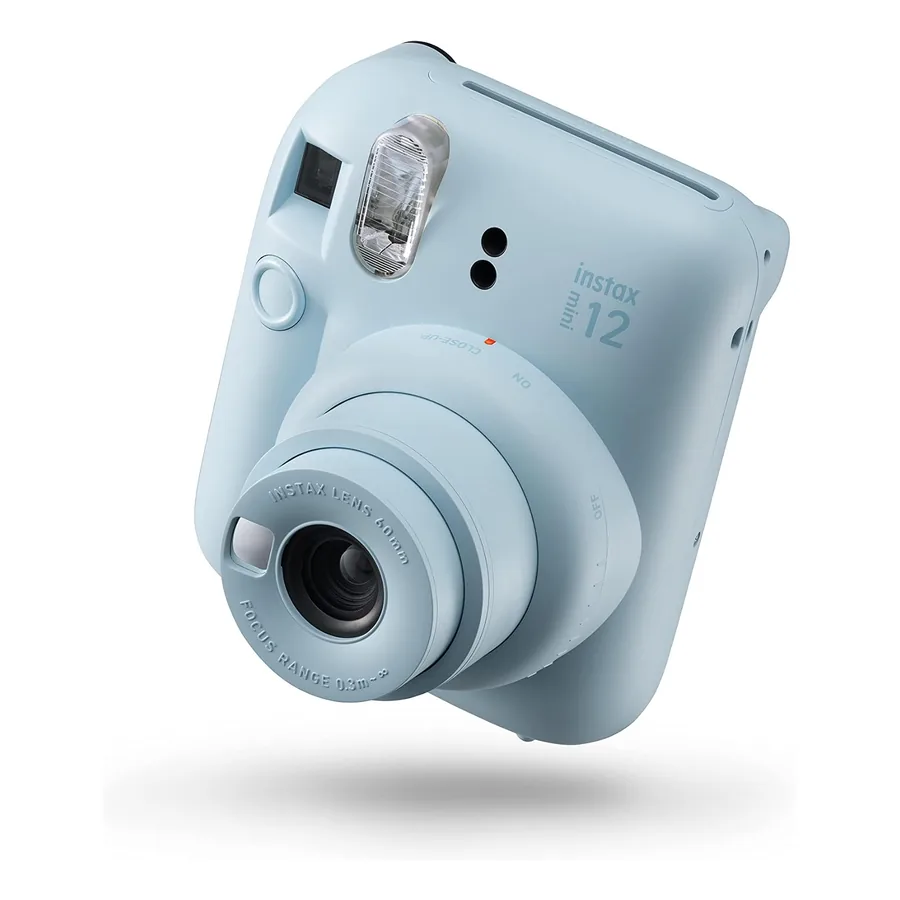 Câmera instax mini 12 azul candy vista frontal com lente e flash