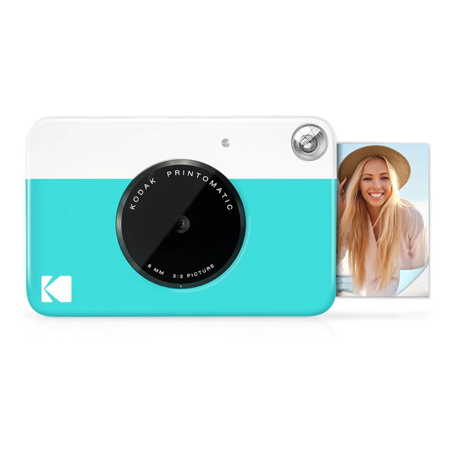 Kodak Printomatic azul com papel autoadesivo saindo da impressora