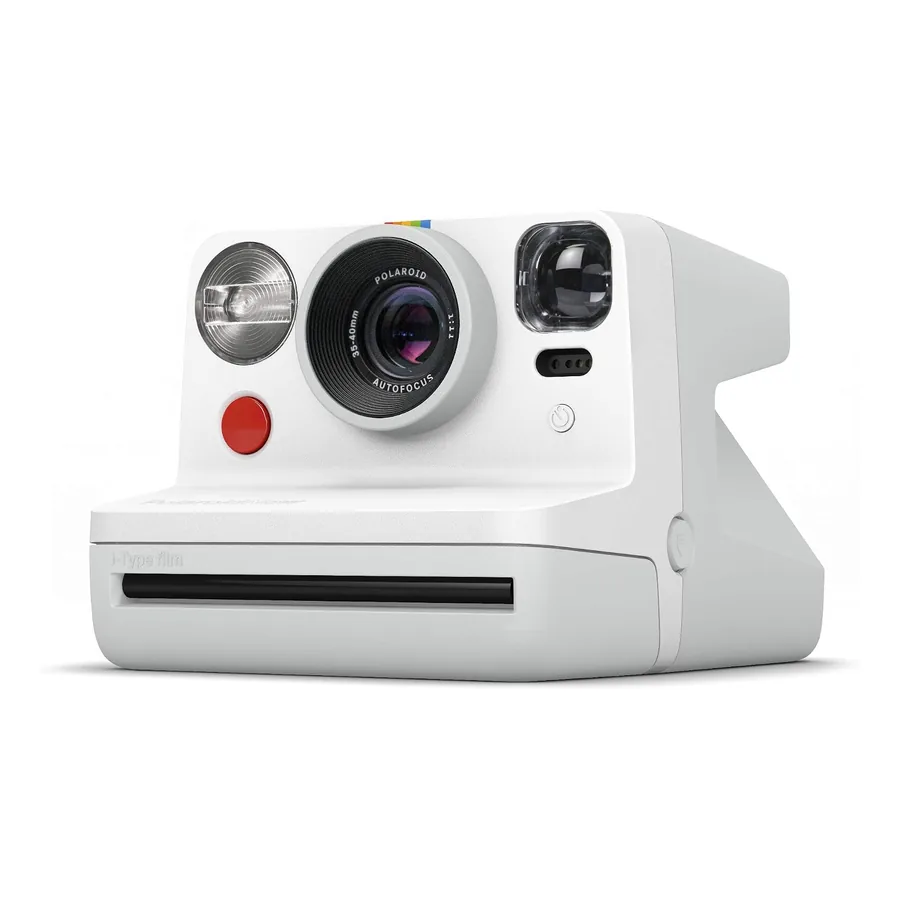 Polaroid Now branca vista frontal com lente dupla e corpo clássico