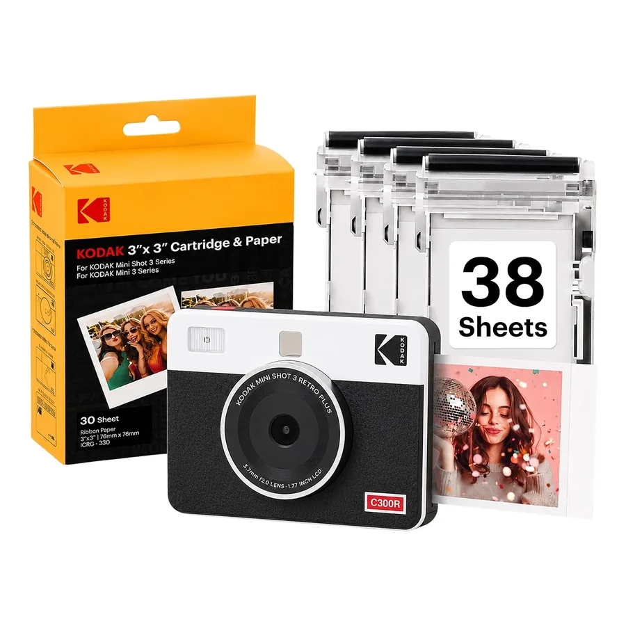Kodak Mini Shot 3 Retro branca com visor LED e bandeja de impressão quadrada