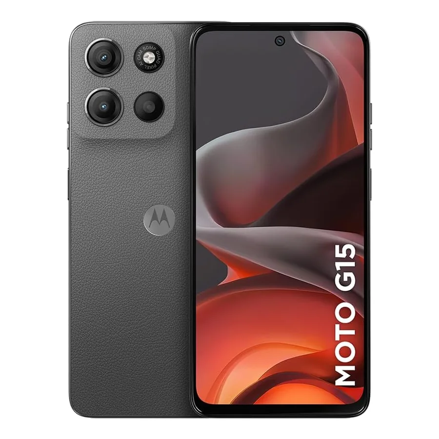 Motorola Moto g15 grafite com tela ligada