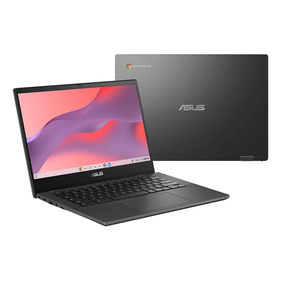 Chromebook Asus CM14 aberto em modo tenda
