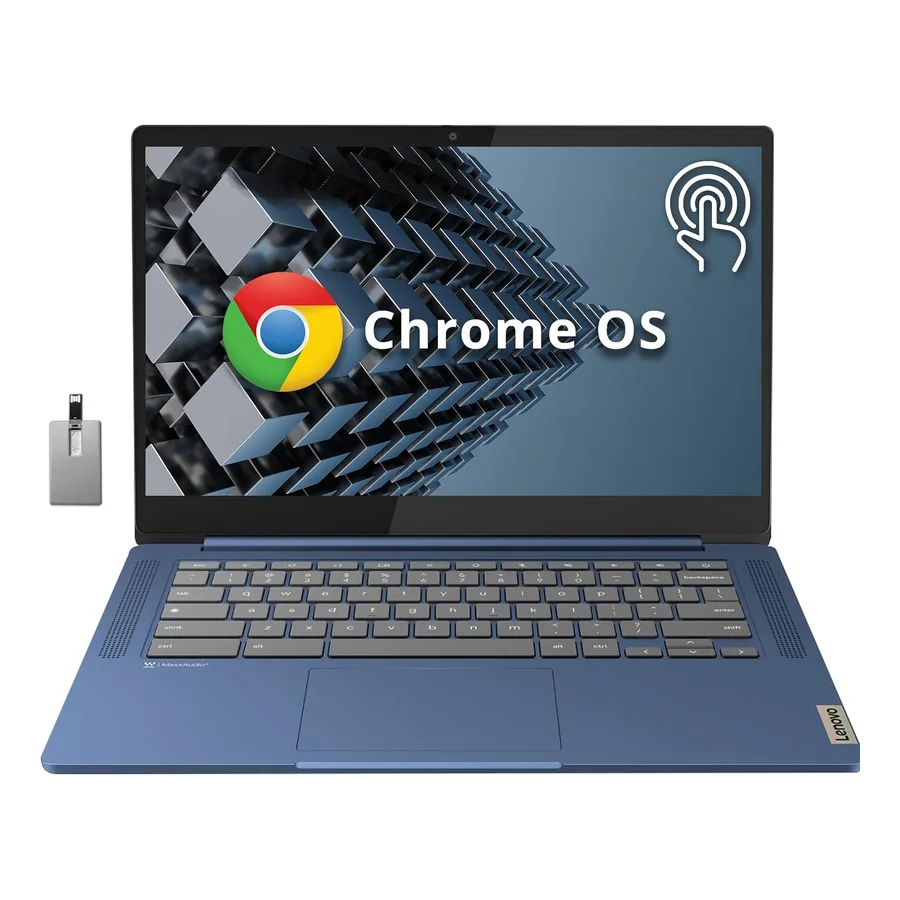 Chromebook Lenovo Ideapad Slim 3 com tela azul aberta