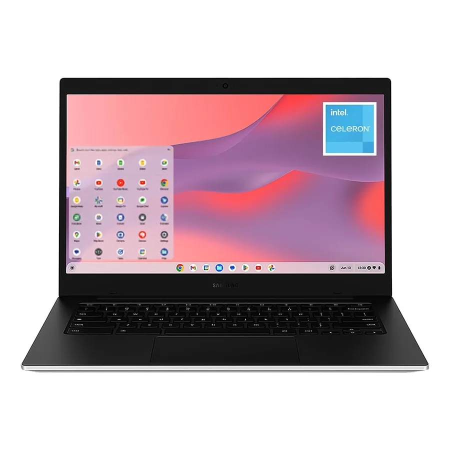 Chromebook Samsung Galaxy Go aberto na cor prata