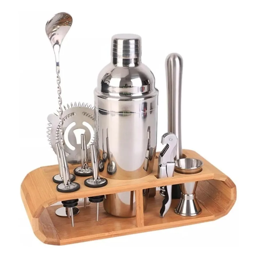 Coqueteleira MSP Kids Kit Bar conjunto 12 peças em aço inox com organizador de bambu