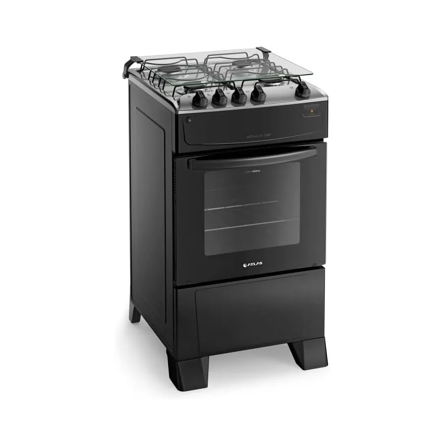 Fogão Atlas Mônaco Top preto mesa inox
