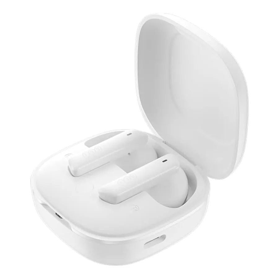 Fones QCY Melobuds ANC em estojo de carregamento branco
