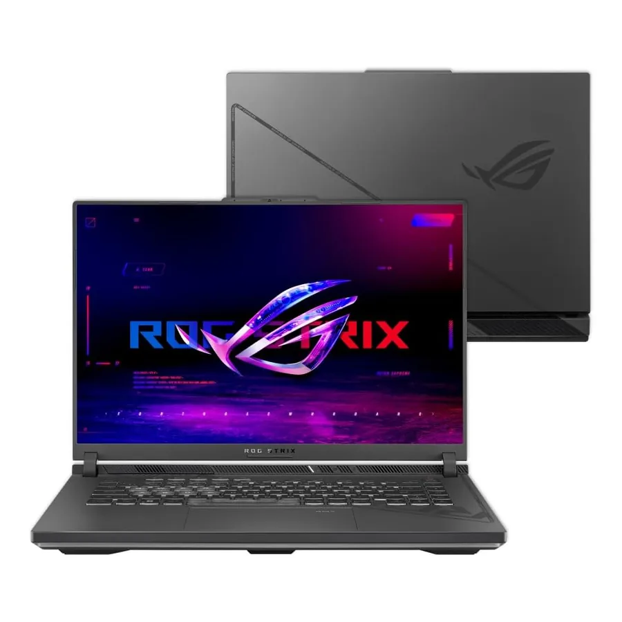 ROG Strix G16 aberto com tema de jogo na tela