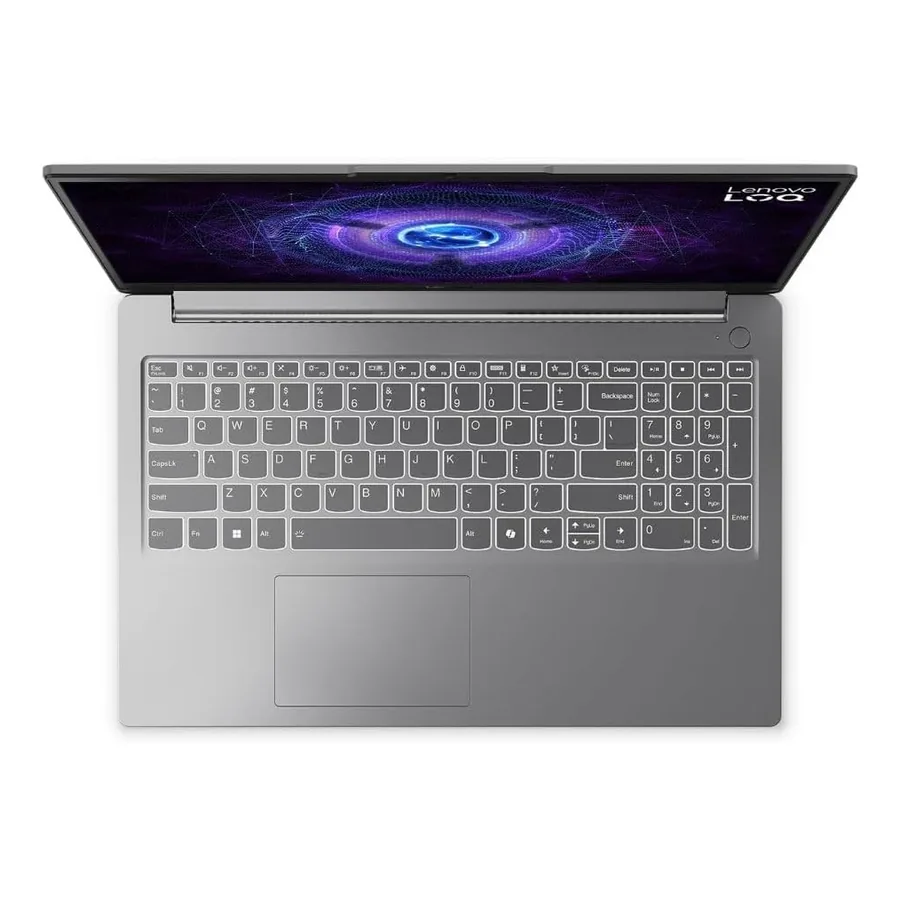 Detalhe da dobradiça e teclado do Lenovo LOQ