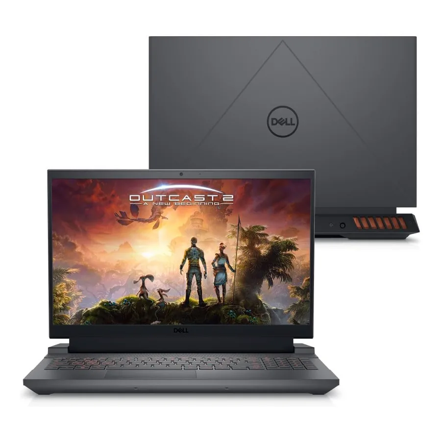 Dell G15 com logo e tela ligada mostrando desktop Ubuntu