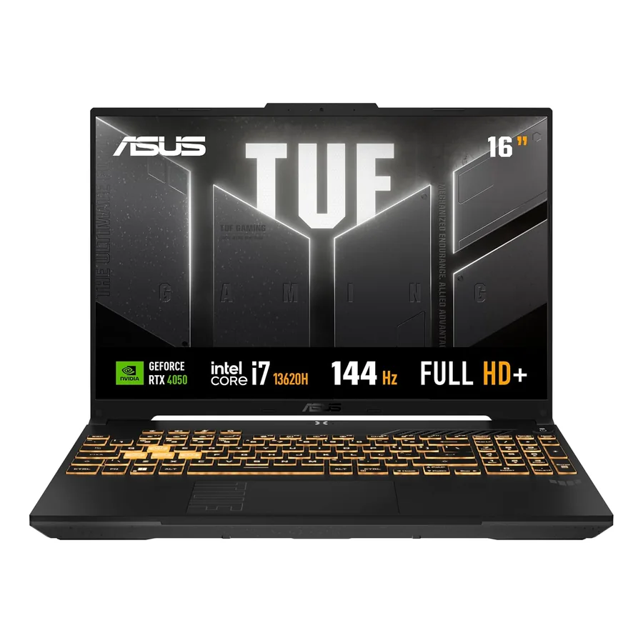 ASUS TUF Gaming F16 aberto com imagem do sistema na tela