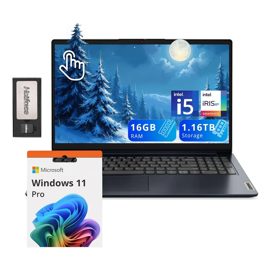 Notebook Lenovo IdeaPad 1i azul aberto mostrando tela touchscreen