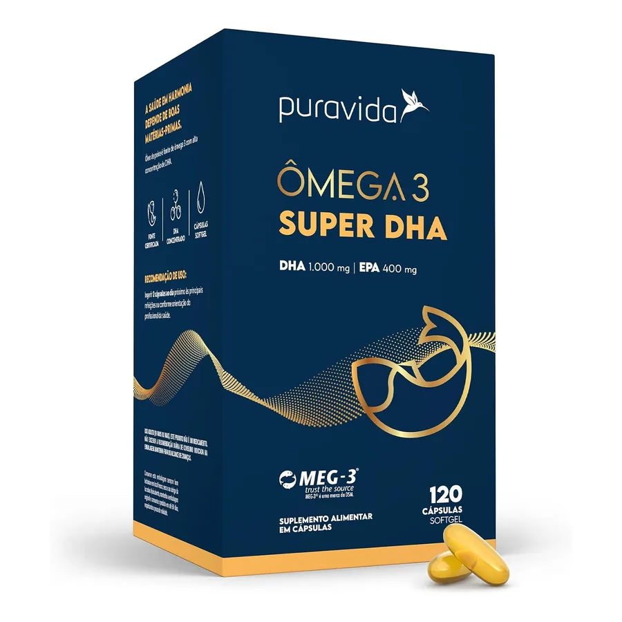 Frasco Puravida Ômega 3 Super DHA MEG-3 120 cápsulas