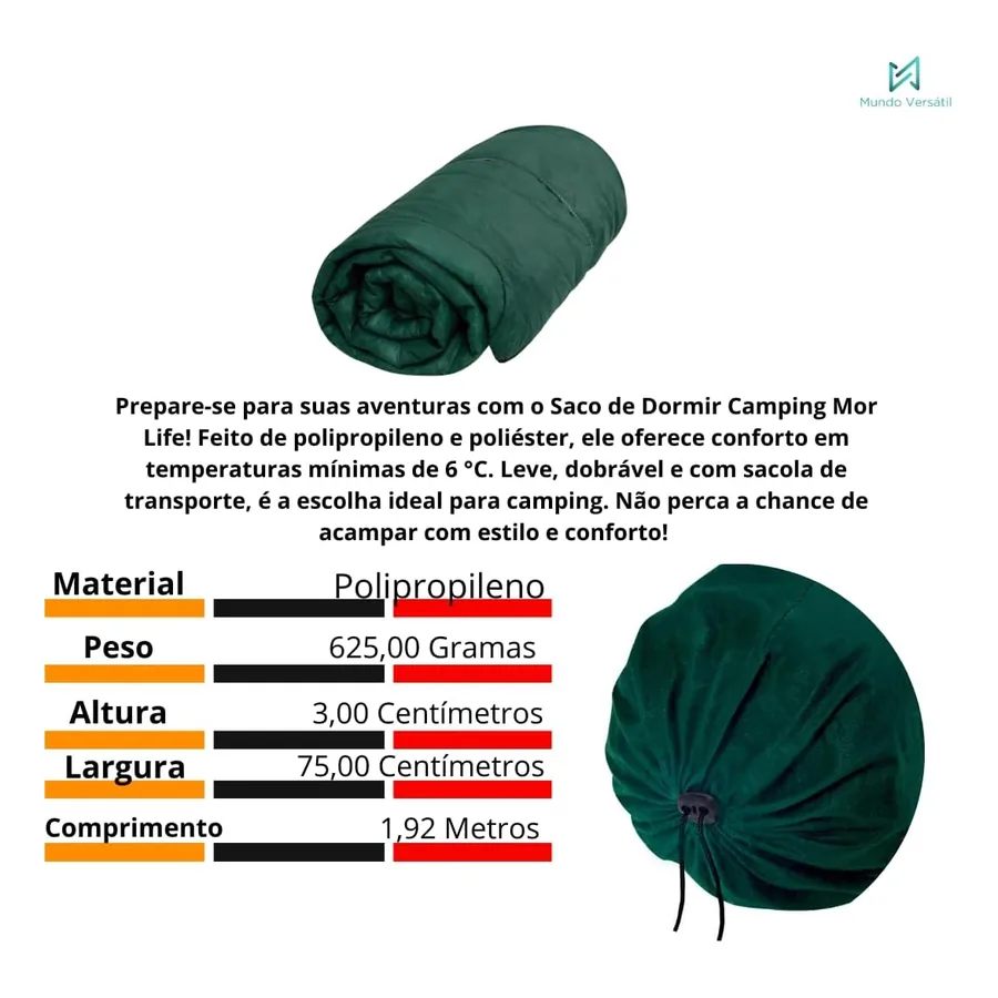 Saco de Dormir Mor Camping Pesca Retiro verde
