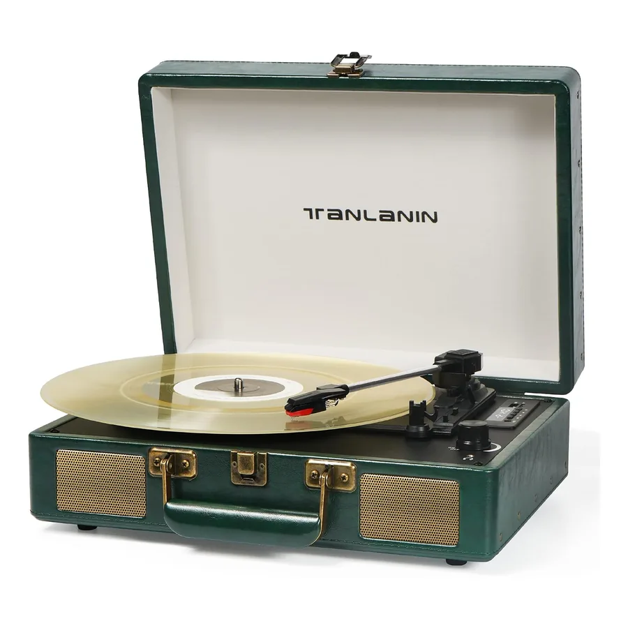 Toca-discos portátil estilo mala Tanlanin verde