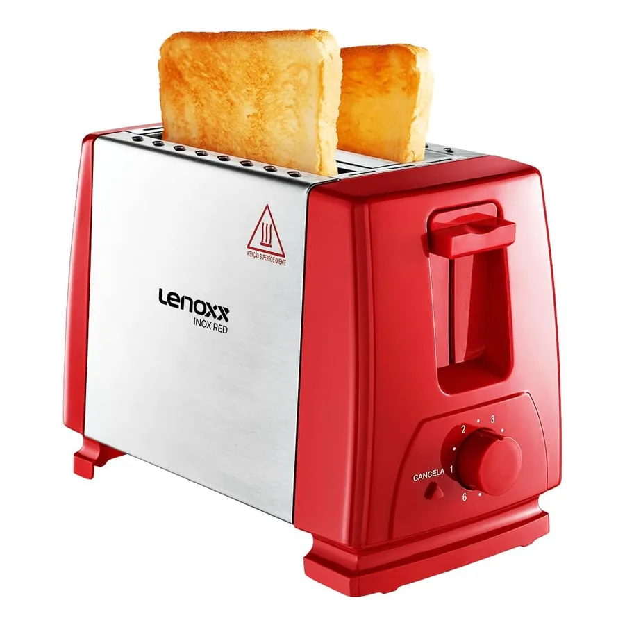 Torradeira Lenoxx Inox vermelho vista lateral