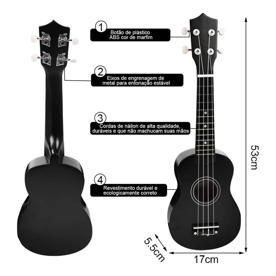 Ukulele Gavzrt preto 21 polegadas com livro de estudo e kit