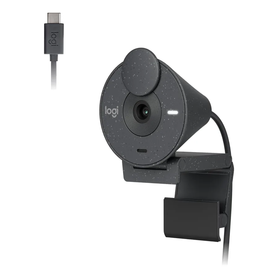 Logitech Brio 300 em grafite com protetor de privacidade giratório