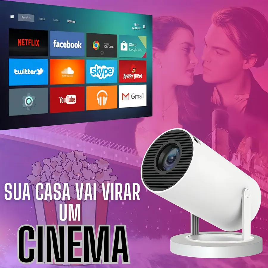 Projetor HY300 exibindo seus recursos de projeção